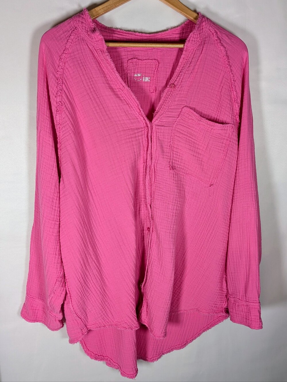 371-aerie Pink Gauze Button-Down Shirt with Chest Pocket